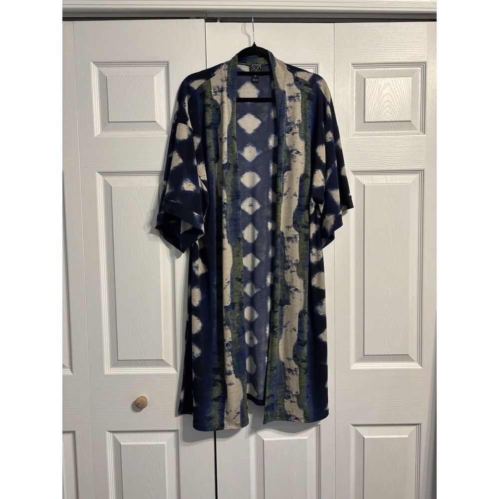 Clara Sun Woo Stretchy Kimono Duster Batik Watercolor Womens XL blue green artsy